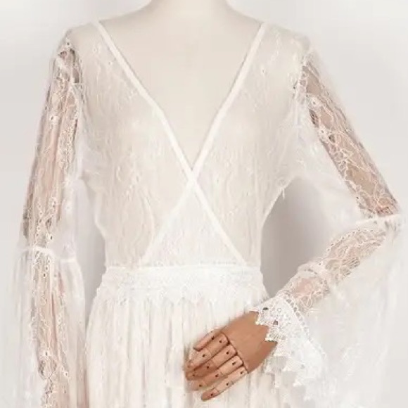 Bohemian Festival White EyeLash Lace Sheer A Line Unlined Maxi Coverup Dress - Picture 10 of 10